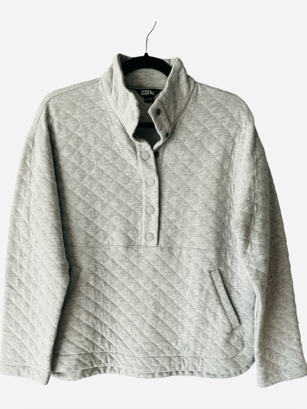 Eddie Bauer Light Gray Quilted Snap Pullover Sweater Front Pocket M